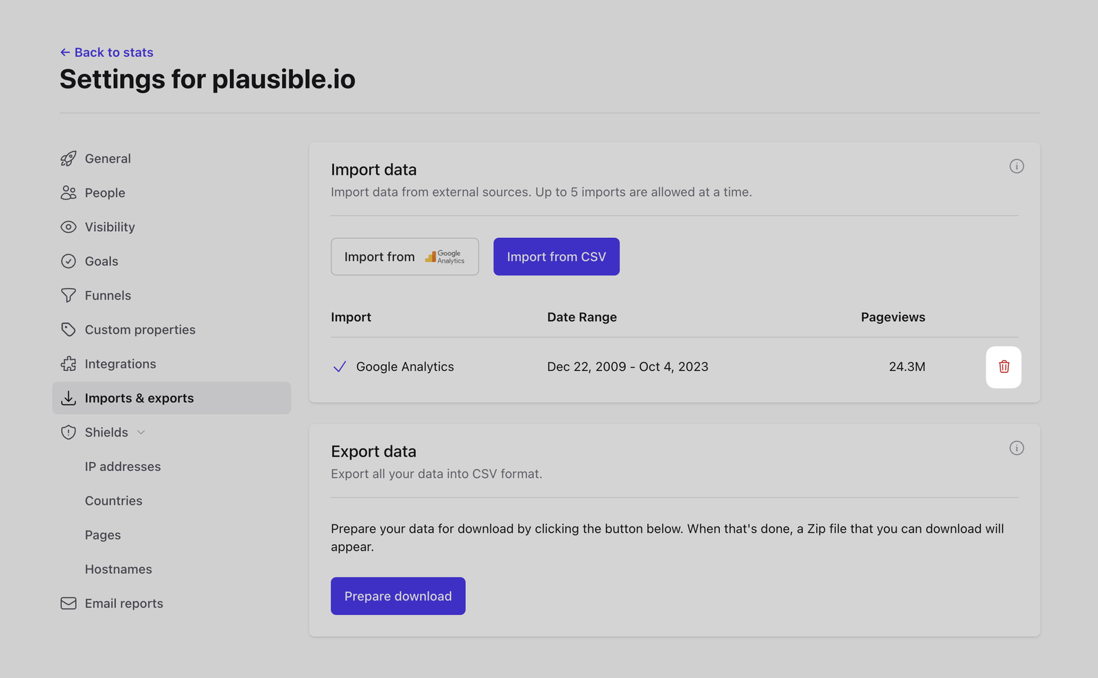 Delete Google Analytics data from Plausible