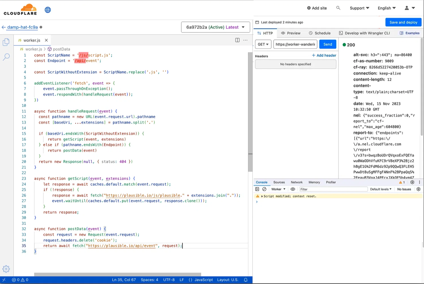 Paste Plausible code to CloudFlare worker