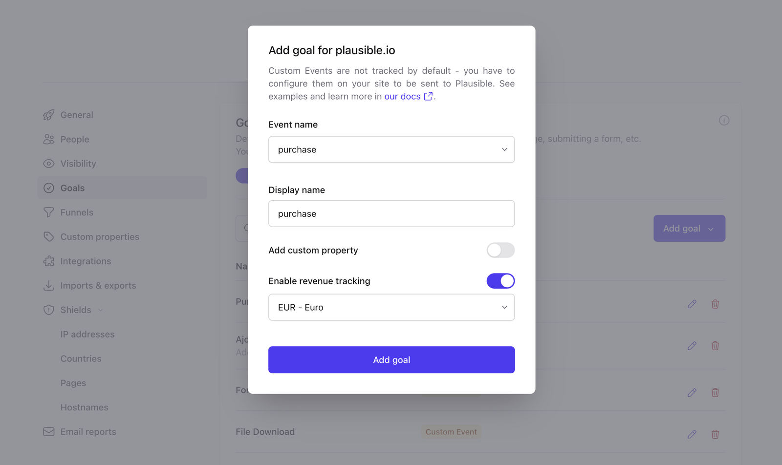 Add goal and choose your currency