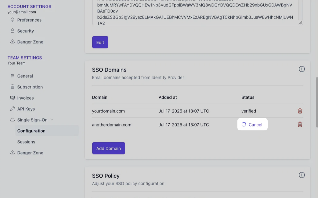 Canceling SSO domain verification