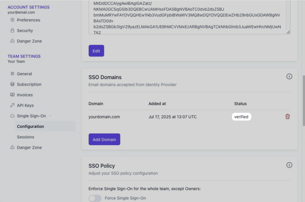 Verified SSO domain