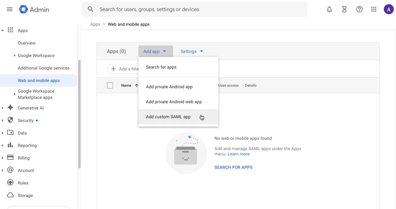 Google Workspace apps list add custom SAML app