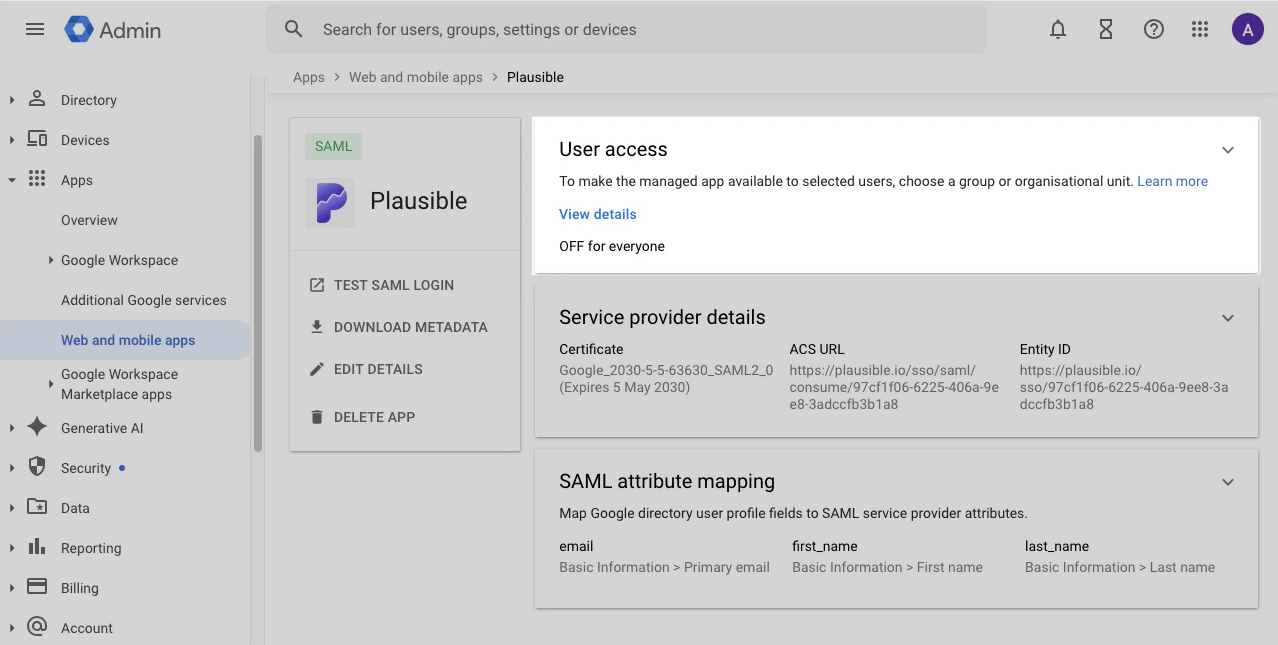 Google Workspace user access card