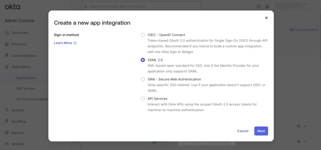 Okta app integration selection