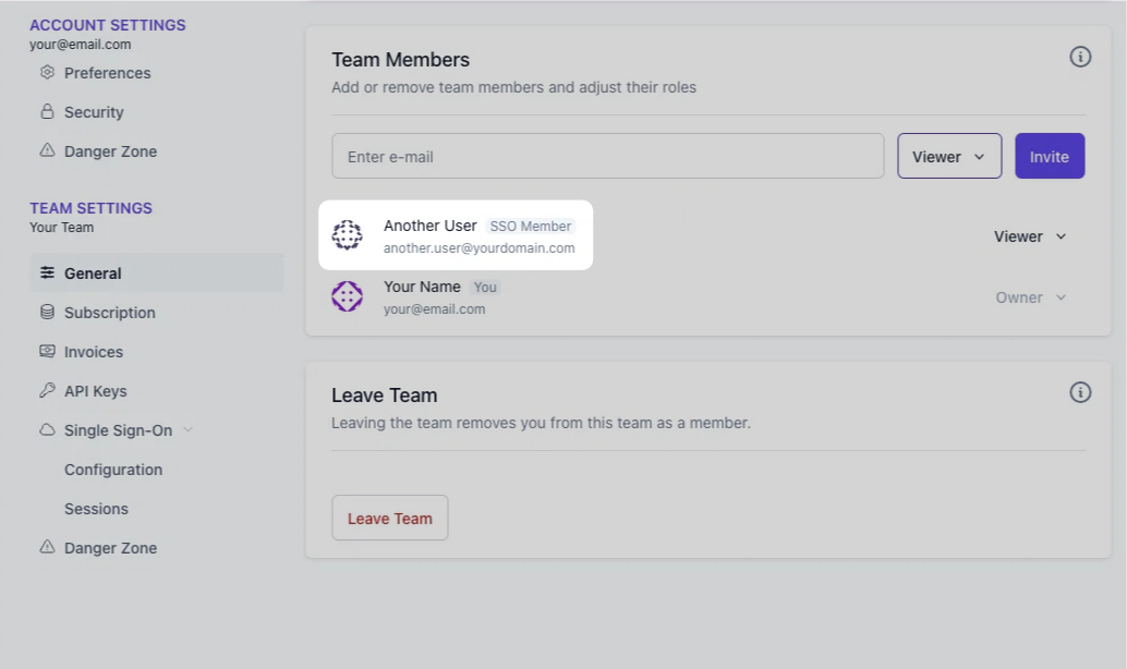 Team members list with labels