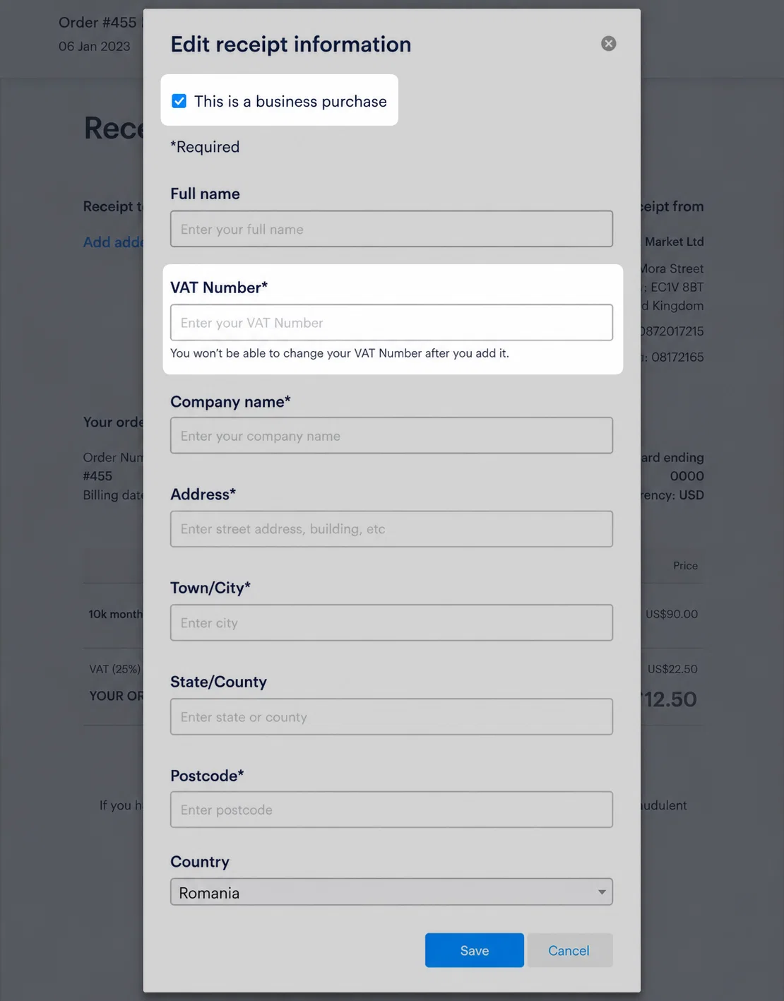 Edit invoice to add business details